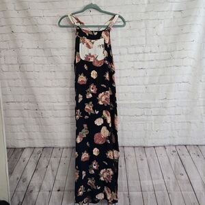 Vtg 90s Womens  Moody Grunge Dress L Black Floral Moths Print Maxi Jumper Style